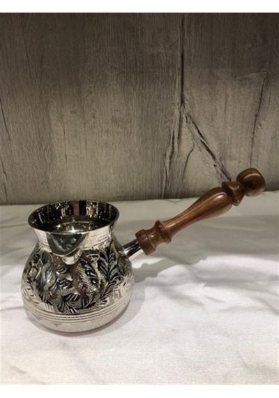 Ahşap Kulplu Pirinç Cezve (Gümüş Rengi)