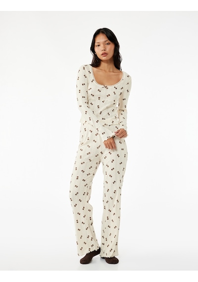 Koton Pamuklu Rahat Kalıp Ayıcık Baskılı Pijama Altı Ekru Desenli 7wlk40050mk