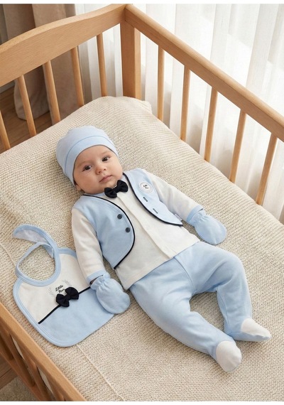 Zeynuko Erkek Bebek Papyonlu Little Man 5'li Yenidoğan Hastane Çıkışı Zıbın Seti Mavi