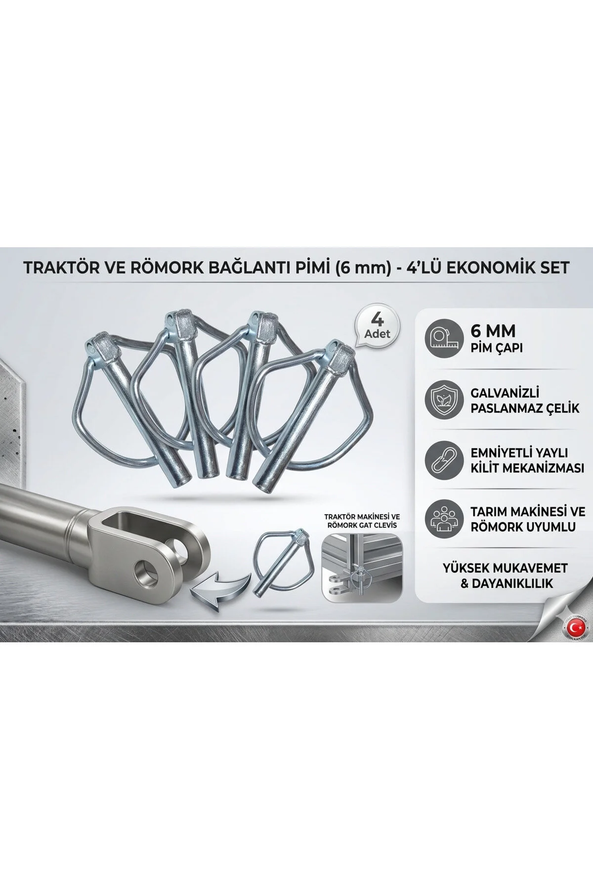 6 Mm Traktör Pimi 4'lü Set - Galvanizli Yaylı Pim, Tarım Makinesi Ve Römork Bağlantı Pimi