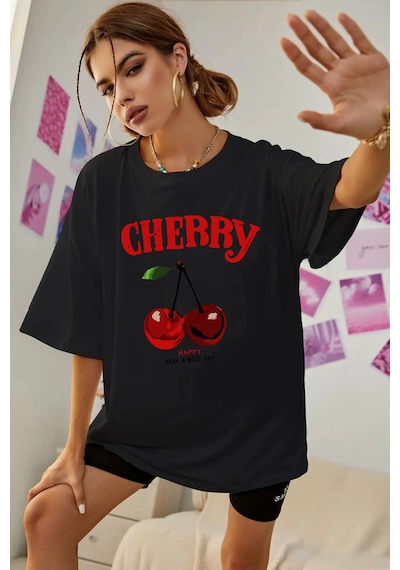Uyguntarz Unisex Happy Cherry Tasarım Basklı Tshirt Siyah