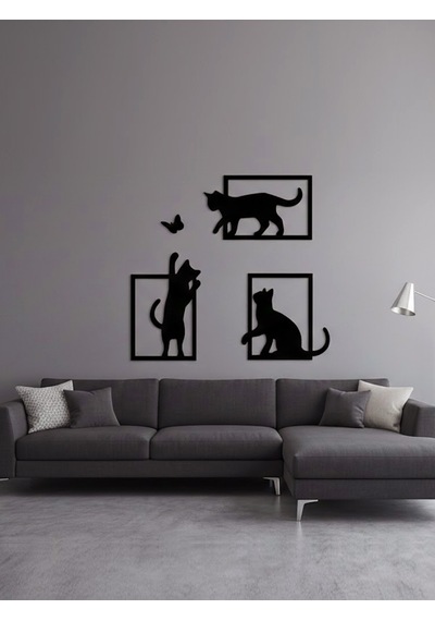 3 Parça Dekoratif Kedi Ve Kelebek Temalı Duvar Dekoru - Modern Tasarım