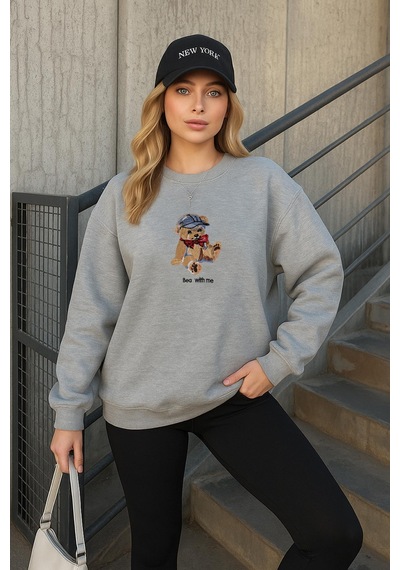 Fashion Friends 25k0244k1 Kadın Nakışlı Oversize Sweatshirt Gri Melanj