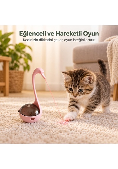 Lazerli Mama Hazneli İnteraktif Kedi Oyuncağı, Ödül Mamalı Kuğu Tasarım, Pilli Hareketli Lazer Oyuncak, Zihinsel Uyarım Ve Egzersiz İçin Kedi Aktivite Oyuncağı, Piller Dahil Pembe