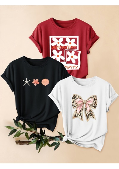 Uyguntarz Unisex Kırmızı Siyah Beyaz 3'lü Tasarım Tshirt Seti Çok Renkli