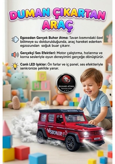 Duman Çıkaran 3 Buton Fonksiyonlu Işıklı Müzikli Sesli Sürtmeli 4x4 Arazi Aracı Temalı Oyuncak Araba Kırmızı