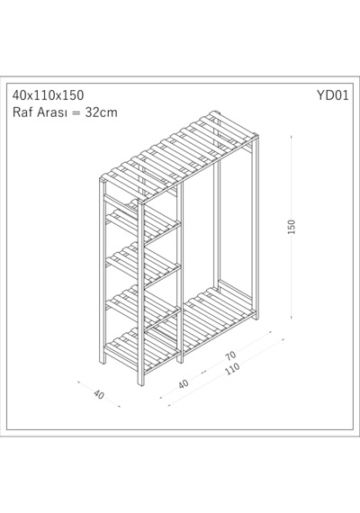 Ahşap Gardırop, Masif Ahşap Dolap, Açık Dolap 110x40x150 Ahşap