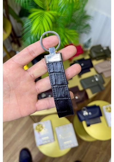 Siyah Croco Hakiki Deri Premium Anahtarlık Kişiye Özel İsim Baskılı