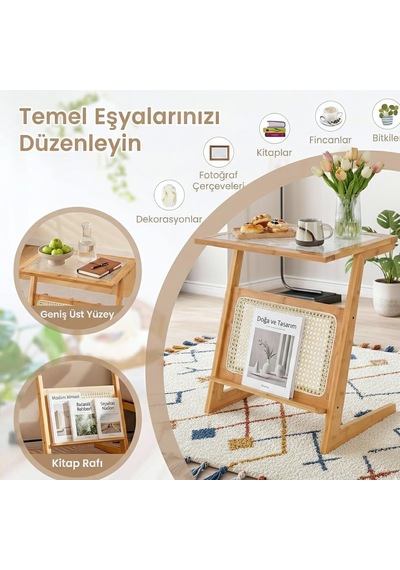 Doğal Bambu Hazeranlı Rattan Yan Sehpa Gazetelik Kitaplık Dergilik Kahverengi