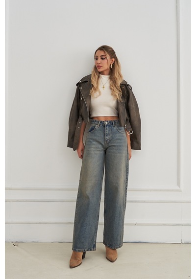 Rabia Çelik Kadın Wide Leg Yüksek Bel Baggy Kot Pantolon Füme Füme