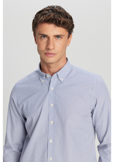 AC&Co / Altınyıldız Classics Erkek Beyaz Lacı Slim Fit Dar Kesim Düğmeli Yaka Çizgili Gömlek Beyaz Lacı