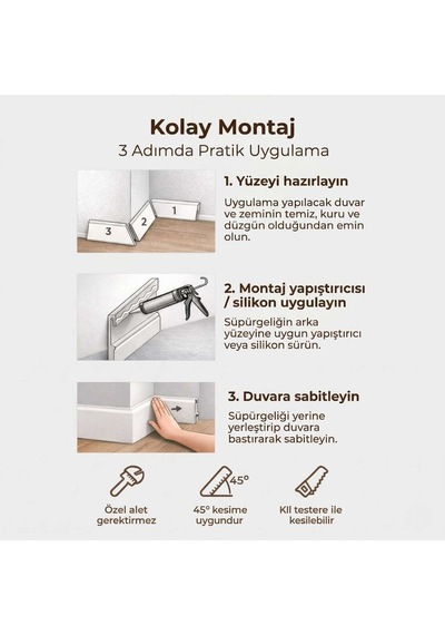 Espumo Kompozit Süpürgelik 8 cm Açık Gri | Suya Dayanıklı Parke Duvar Süpürgelik 2,40 m ESP202