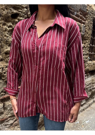WeShaya Bordo Çizgili Oversize Düğmeli Gömlek Bordo