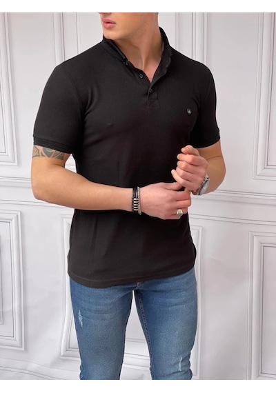 Modefendi Slim Fit Düğme Detaylı Pamuk Örme Polo Yaka Tshırt Siyah
