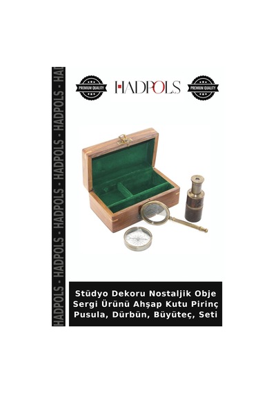 Stüdyo Dekoru Nostaljik Obje Sergi Ürünü Ahşap Kutu Pirinç Pusula, Dürbün, Büyüteç, Seti