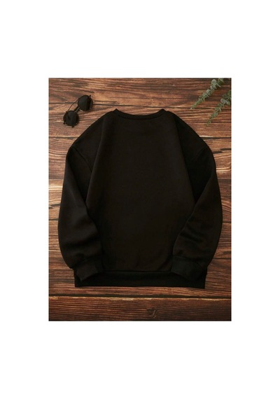 Herkesemoda Çilek Baskı Detaylı Bisiklet Yaka Sweatshirt Siyah