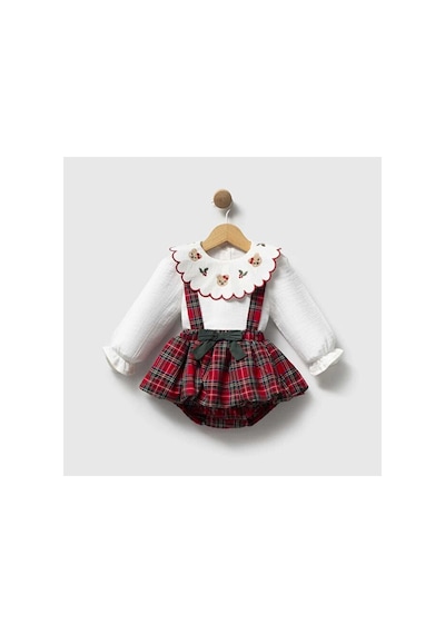 Ministok Baby Bloom Ekose Desenli Yakası Nakışlı Kız Bebek Blüzlü Salopet Kırmızı
