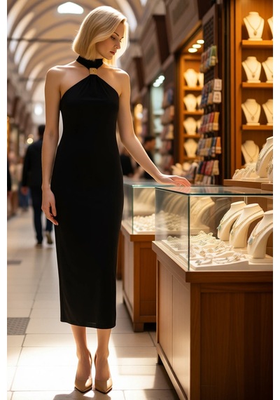 Benerly Kadın Bodycon Halter Yaka Kolsuz Midi Esnek Örme Elbise Aksesuar Siyah