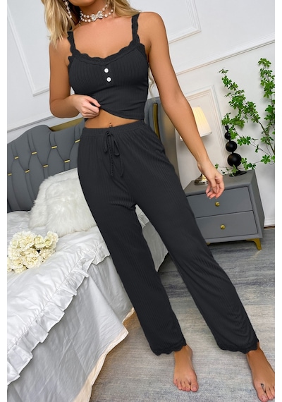 Merry See Dantel Askılı Ribanalı Crop Ve Uzun Dantel Paça Pijama Takımı Siyah