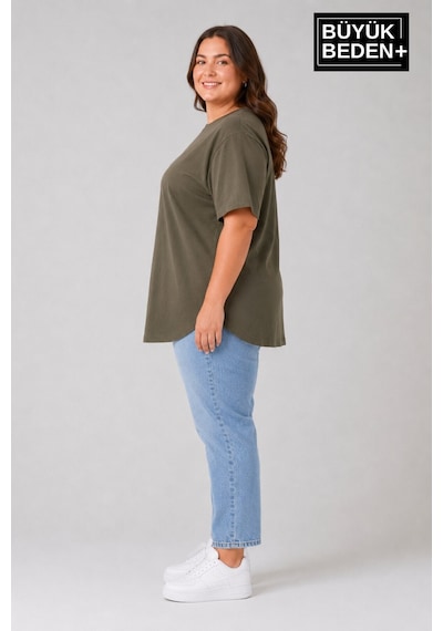 Superlife Süperlife Büyük Beden Kadın Bisiklet Yaka Basic Oval Etek Detalylı 3xl-6xl Uzun Tunik Spr26btsk502 Haki