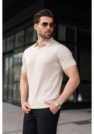 Madmext Taş Rengi Polo Yaka Triko Erkek Tişört E7461 Taş