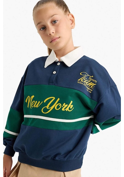 Defacto Kız Çocuk Relax Fit Polo Yaka Baskılı Okul Sweatshirt F7584a825aunv147 Lacivert