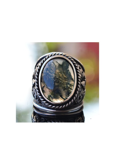 925 Ayar Gümüş Yüzükler - Doğal Agat Taşı Moss Agate Gümüş