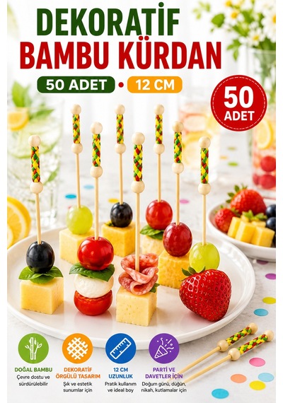 50 Adet Dekoratif Sarı Örgülü Bambu Kürdan 12 Cm Parti Davet Kokteyl Meyve Sunum Kürdanı Seti Paket