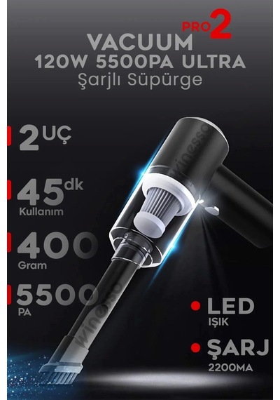 Buğz Mini Vakumlu Type C Şarjlı Araç Süpürgesi El Süpürgesi Şarjlı Çok Fonksiyonlu 5500 Pa