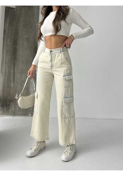 Blue Marlın Kadin Kargo Cepli Tintli Buz Kar Bol Paça Kot Jeans Krem