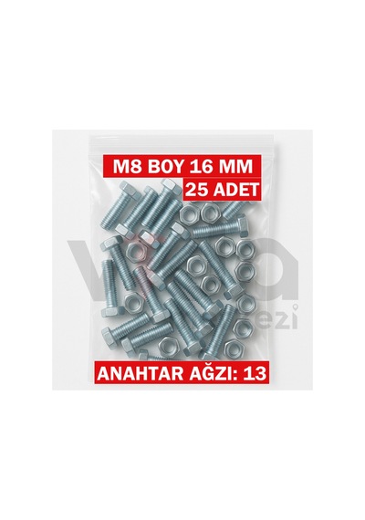 M8x16 Altı Köşe Cıvata + Somun Takımı Çinko Kaplı 25 Adet Takım 1