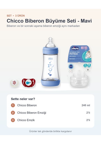 Chicco Biberon Büyüme Seti 3 Parça: Biberon + Biberon Emziği + Emzik - Mavi