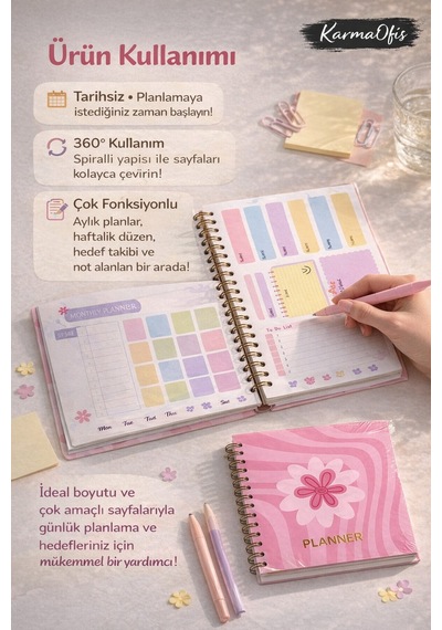 Pembe Çiçekli Spiralli Planner Defter Tarihsiz Haftalık Ve Aylık Planlayıcı, 17.5x18 Cm Diğer