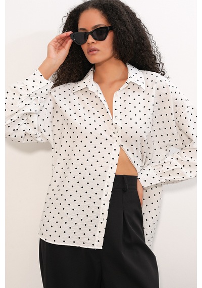 Bigdart Kadın Oversize Puantiyeli Gömlek 20392 - Beyaz