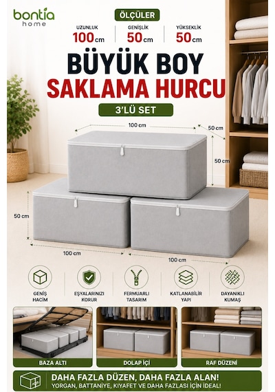 Büyük Boy Saklama Hurcu 3'lü Set 100x50x50 Cm Fermuarlı Hurç Yorgan Battaniye Kıyafet Düzenleyici Baza Altı Ve Dolap İçi Saklama Kutusu Krem