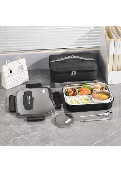 Valkyrie 304 Paslanmaz Çelik Lunch Box 2400 Ml Termal Taşıma Çantalı 5 Bölmeli Sızdırmaz Yemek Kabı Çatal Kaşık Dahil Siyah