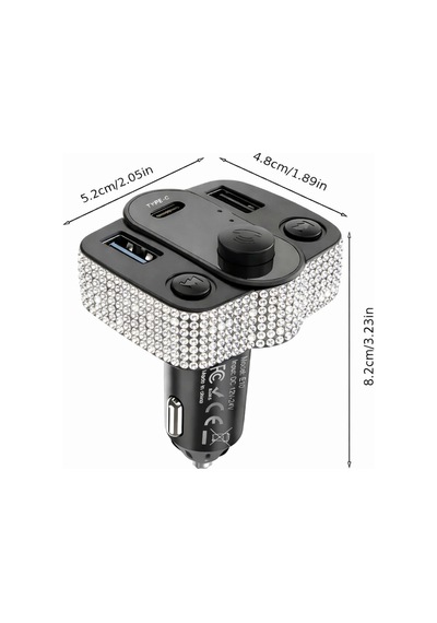 Kadınlara Özel Araç İçi Kristal Taşlı Fm Transmitter Bluetooth Usb Type-c Oto Çakmaklık