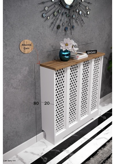Dekoratif Petek Dolabı Kalorifer Peteği Kapatma Ünitesi Modern Tasarım İç Ölçü 76 Cm Dış Ölçü 80 Cm Petek 76 Beyaz Üstü Çam D6