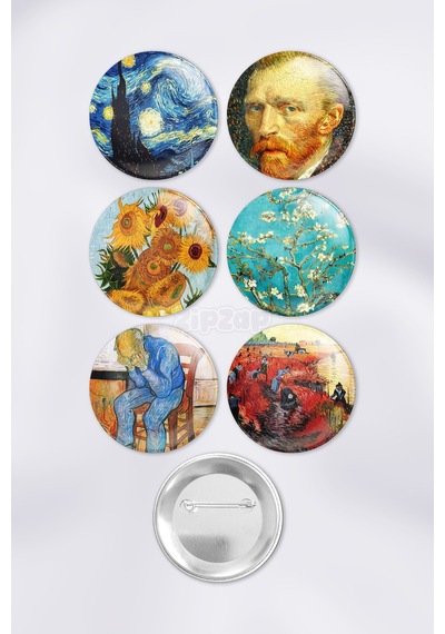 Van Gogh Çanta Süsü Rozet İğneli Buton Rozet Seti 6 Adet Çok Renkli