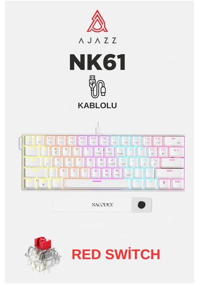 Ajazz Nk61 Red Switch Kablolu Hot-swap Klavye Rainbow Aydınlatma Taşıma Bandı Beyaz