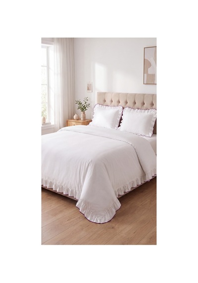%100 Pamuk Overloklu Fırfırlı Çift Kişilik Nevresim Takımı Lastikli Çarşaflı 200x220 Cm Mor - 904804703 Mor