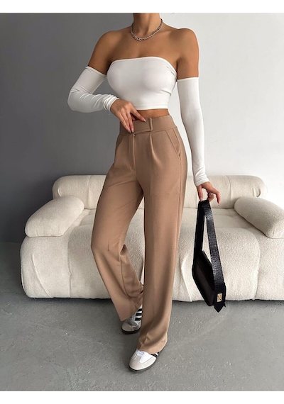 Nevege Butik Nevege Beli Cırtlı Likralı Krep Kumaş Palazzo Pantolon Camel