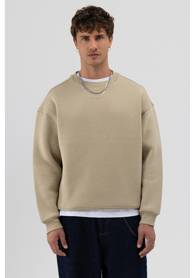 Vamos Basic Bisiklet Yaka Oversize Sweatshirt Haki