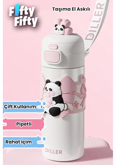 Dıller 480 Ml Tek Kapak Çift Kullanım Pipetli/pipetsiz Taşıma El Askılı Vacum Cup/çelik Termos Pembe
