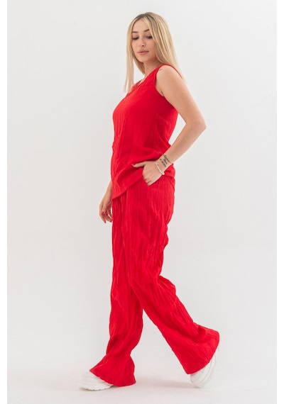 Bold & Young Kraşlı Cepli Beli Lastikli Viskon Polyester Dokuma Pantolon Kırmızı