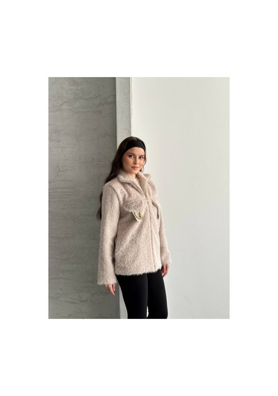 Asur Boutique Asur Butik Kadın Keçeli Kumaş Tokalı Fermuarlı Ceket Bej