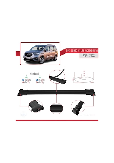 Opel Combo E Life Passengervan 2019-2023 Arası İle Uyumlu Fly Model Ara Atkı Tavan Barı Siyah