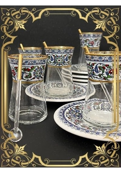Heybeli Altın Bitkisel Çini Model 6 Kişilk Çay Seti Çok Renkli