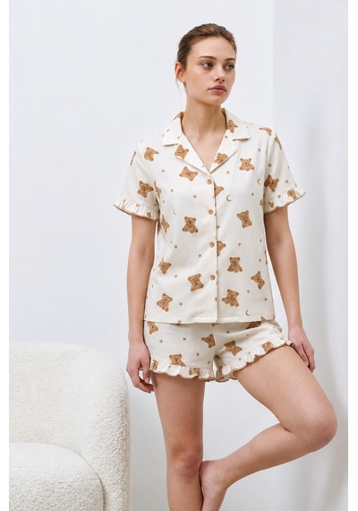 Kadın Premium Fırfırlı Kar Beeyaz Pijama Takımı Kar Beyaz