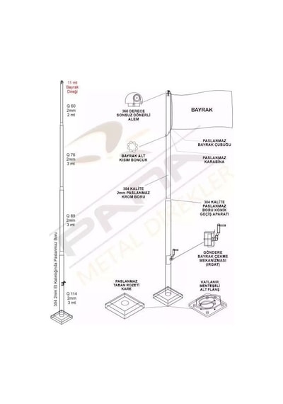 11 Metre İnox 304 Kalite Paslanmaz Krom Çelik Profesyonel Bayrak Direği Standart
